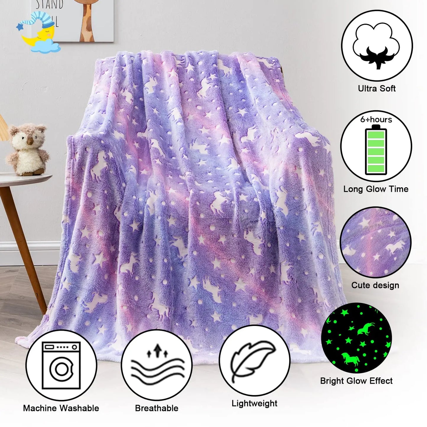 1pc Unicorn Glow in The Dark Blanket, Unicorn Blanket for Girls/Kids Age 3-12, Toddler Soft Fleece Blanket Throw Birthday Gift