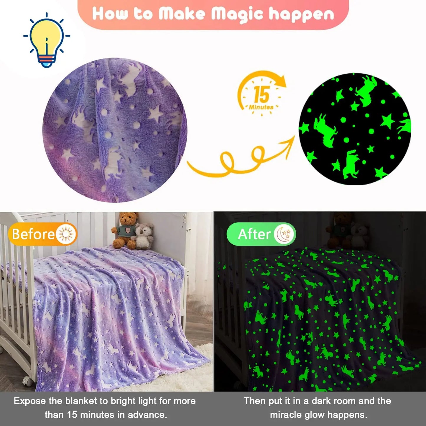 1pc Unicorn Glow in The Dark Blanket, Unicorn Blanket for Girls/Kids Age 3-12, Toddler Soft Fleece Blanket Throw Birthday Gift